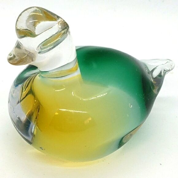Murano Sommerso Vintage Green White Yellow Art Glass Duck Figurine Paperweight - Picture 8 of 16